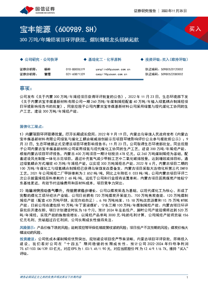 国信证券：宝丰能源（600989）-300万吨/年烯烃项目环评获批，煤制烯烃龙头扬帆起航