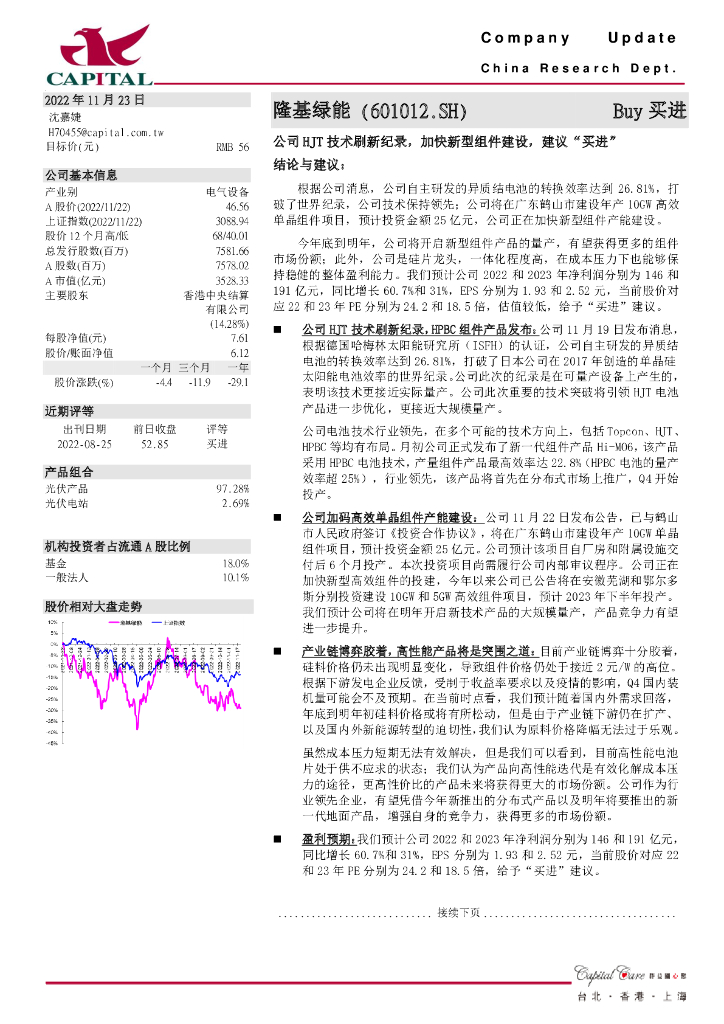 群益证券：隆基绿能（601012）-公司HJT技术刷新纪录，加快新型组件建设，建议“买进”