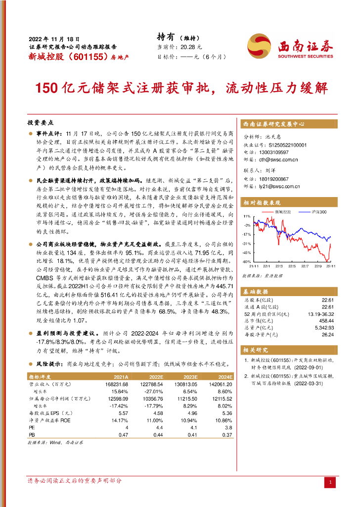 西南证券：新城控股（601155）-150亿元储架式注册获审批，流动性压力缓解