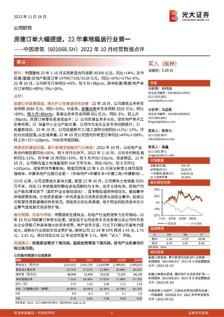 光大证券：中国建筑（601668）-2022年10月经营数据点评：房建订单大幅提速，22年拿地稳居行业第一