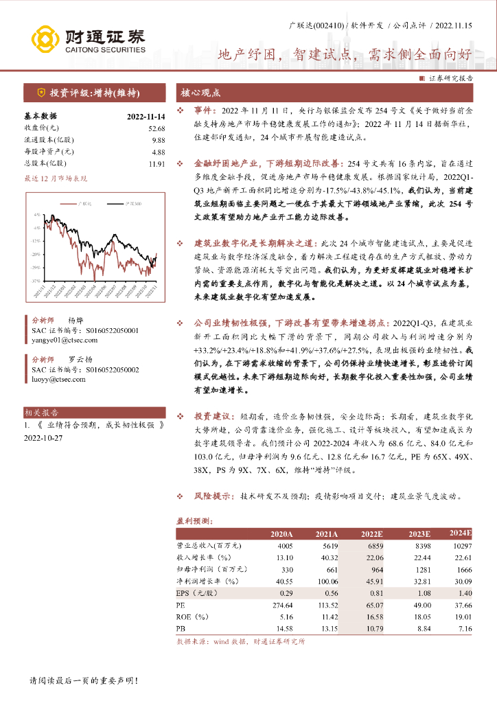 财通证券：广联达（002410）-地产纾困，智建试点，需求侧全面向好