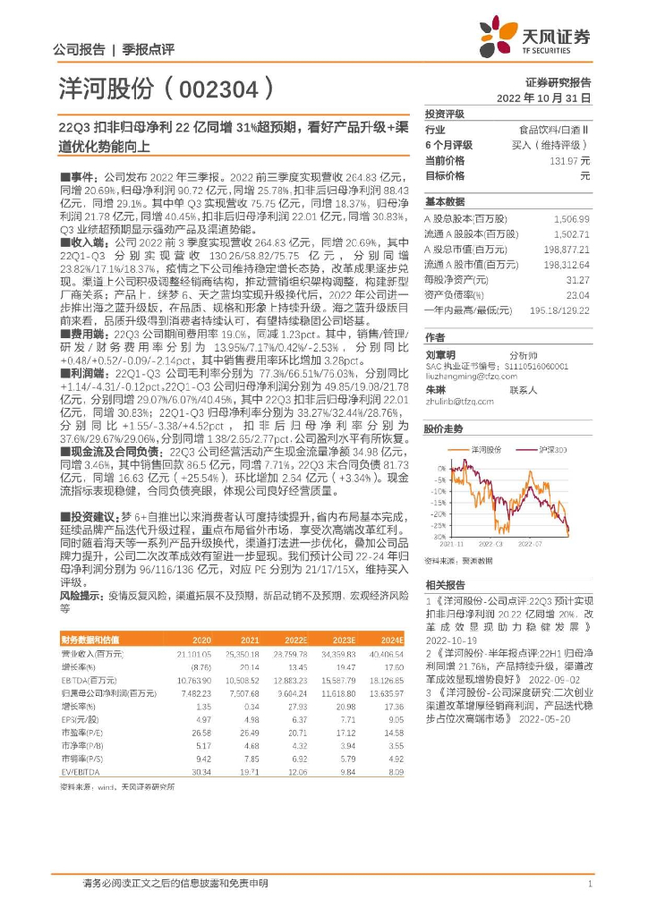 天风证券：洋河股份（002304）-22Q3扣非归母净利22亿同增31%超预期，看好产品升级+渠道优化势能向上