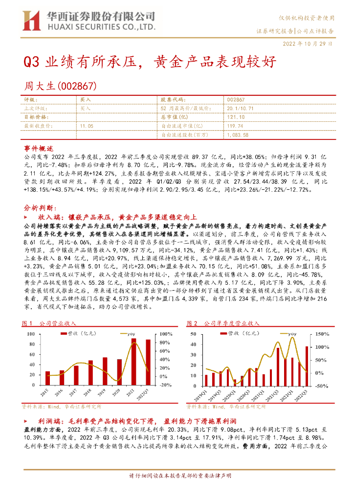 华西证券：周大生（002867）-Q3业绩有所承压，黄金产品表现较好