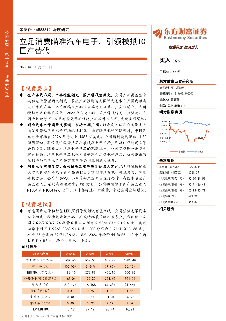 东方财富证券：帝奥微（688381）-深度研究：立足消费瞄准汽车电子，引领模拟IC国产替代