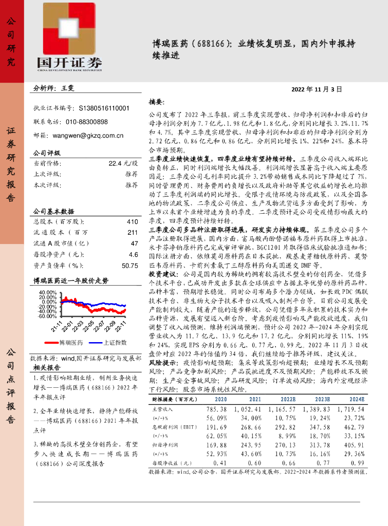 国开证券：博瑞医药（688166）-业绩恢复明显，国内外申报持续推进