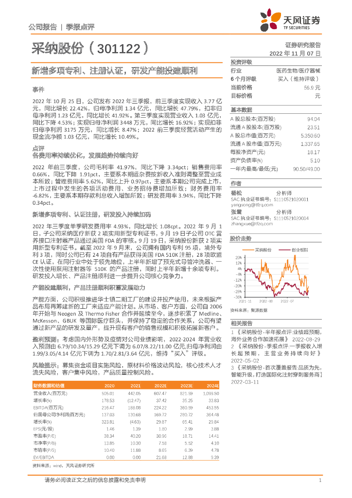 天风证券：采纳股份（301122）-新增多项专利、注册认证，研发产能投建顺利