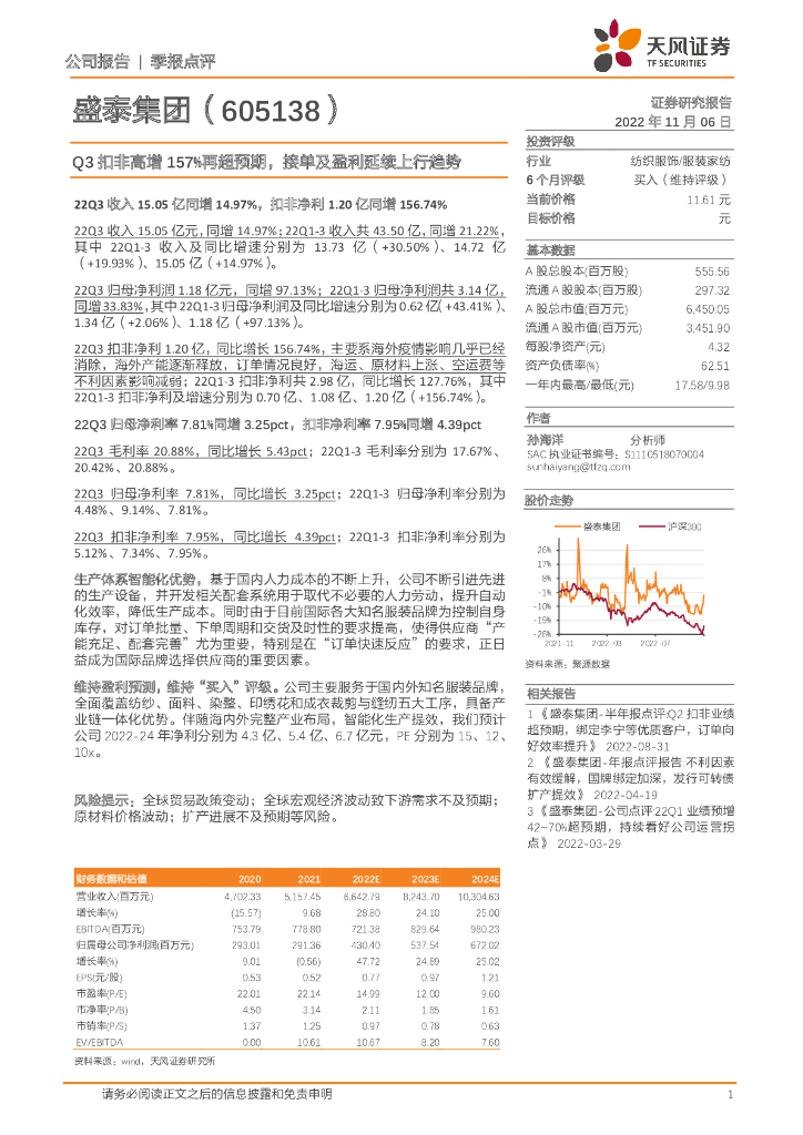 天风证券：盛泰集团（605138）-Q3扣非高增157%再超预期，接单及盈利延续上行趋势