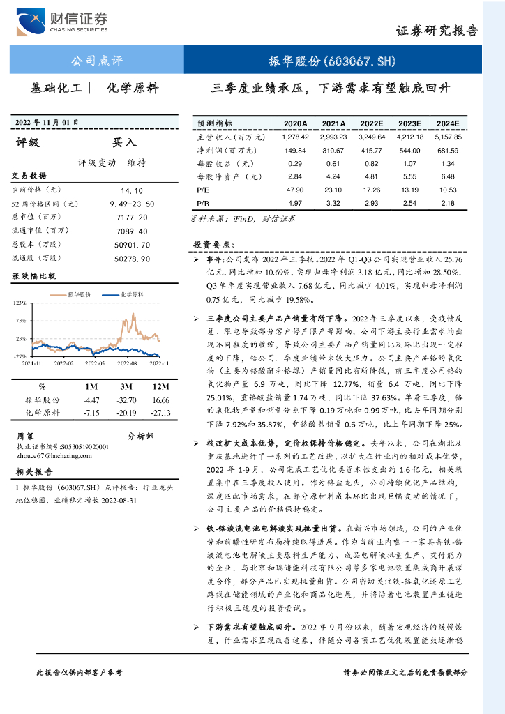 财信证券：振华股份（603067）-三季度业绩承压，下游需求有望触底回升