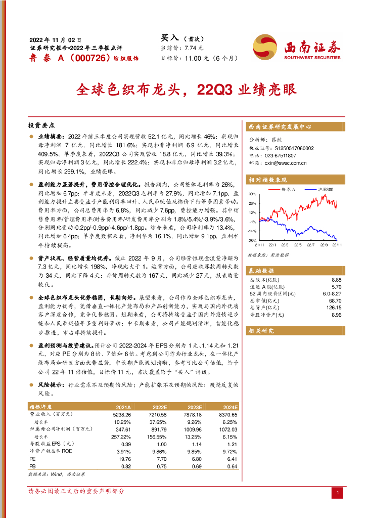 西南证券：鲁泰A（000726）-全球色织布龙头，22Q3业绩亮眼