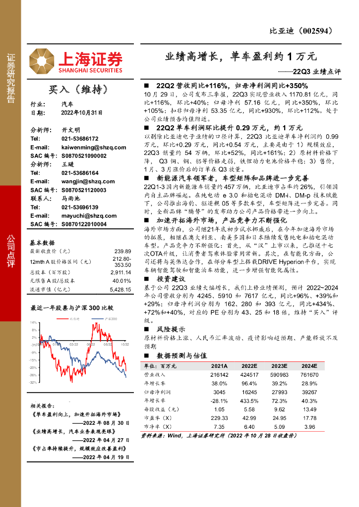 上海证券：比亚迪（002594）-22Q3业绩点评：业绩高增长，单车盈利约1万元 海报