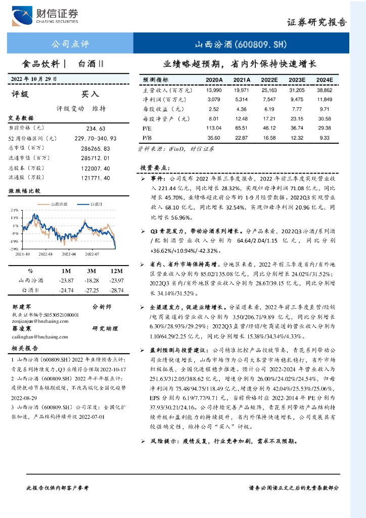 财信证券：山西汾酒（600809）-业绩略超预期，省内外保持快速增长