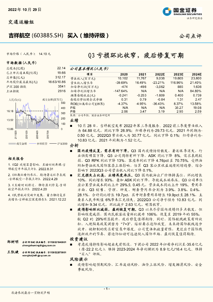 国金证券：吉祥航空（603885）-Q3亏损环比收窄，疫后修复可期