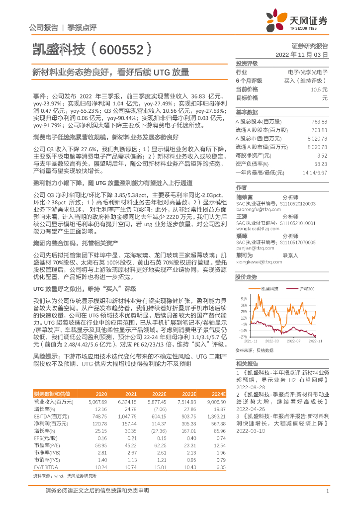 天风证券：凯盛科技（600552）-新材料业务态势良好，看好后续UTG放量