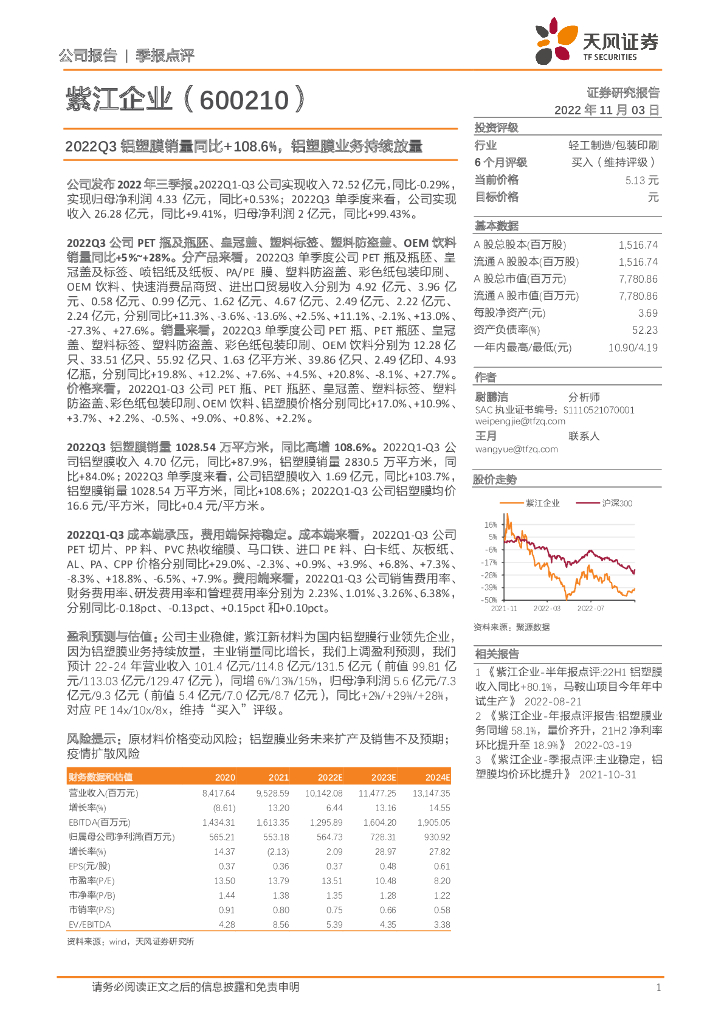 天风证券：紫江企业（600210）-2022Q3铝塑膜销量同比+108.6%，铝塑膜业务持续放量