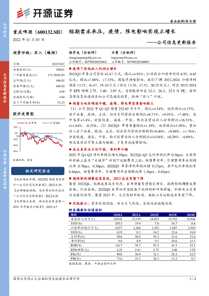 开源证券：重庆啤酒（600132）-公司信息更新报告：短期需求承压，疫情、限电影响实现正增长