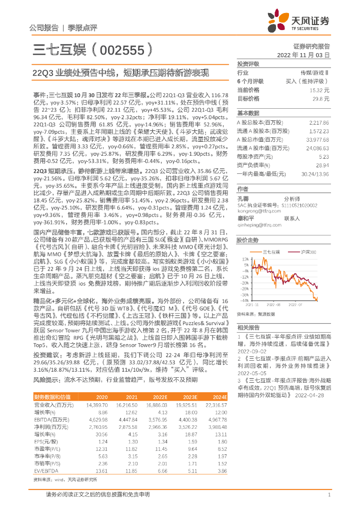 天风证券：三七互娱（002555）-22Q3业绩处预告中线，短期承压期待新游表现