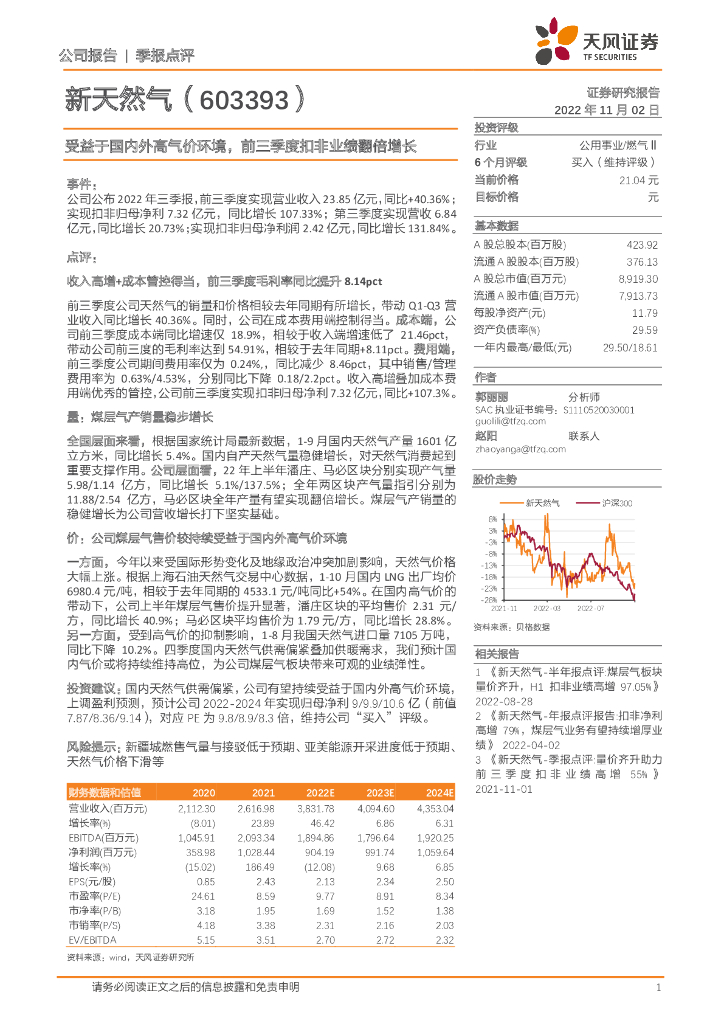 天风证券：新天然气（603393）-受益于国内外高气价环境，前三季度扣非业绩翻倍增长 海报