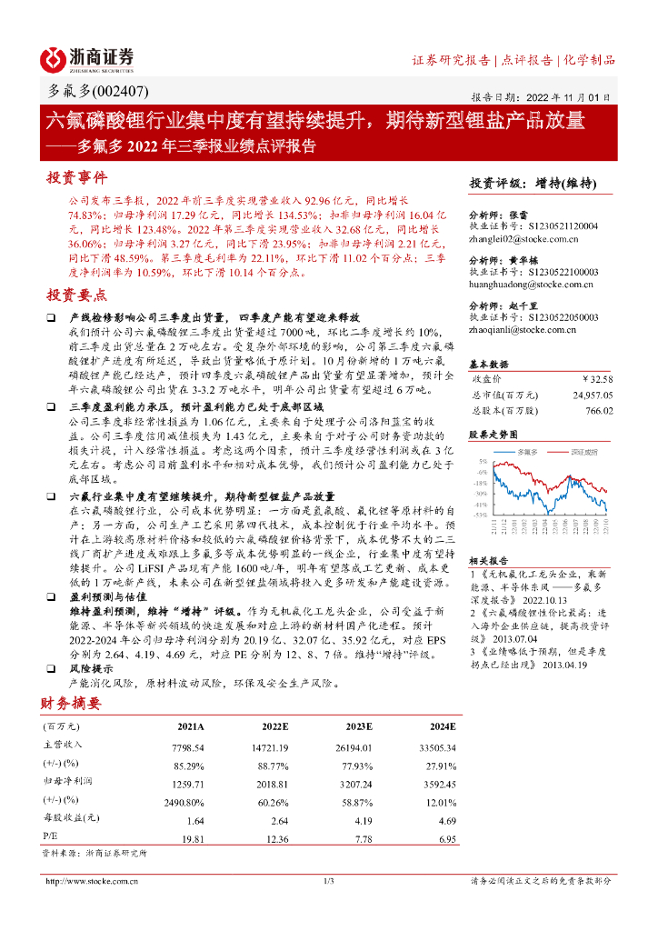 浙商证券：多氟多2022年三季报业绩点评报告：六氟磷酸锂行业集中度有望持续提升，期待新型锂盐产品放量 海报