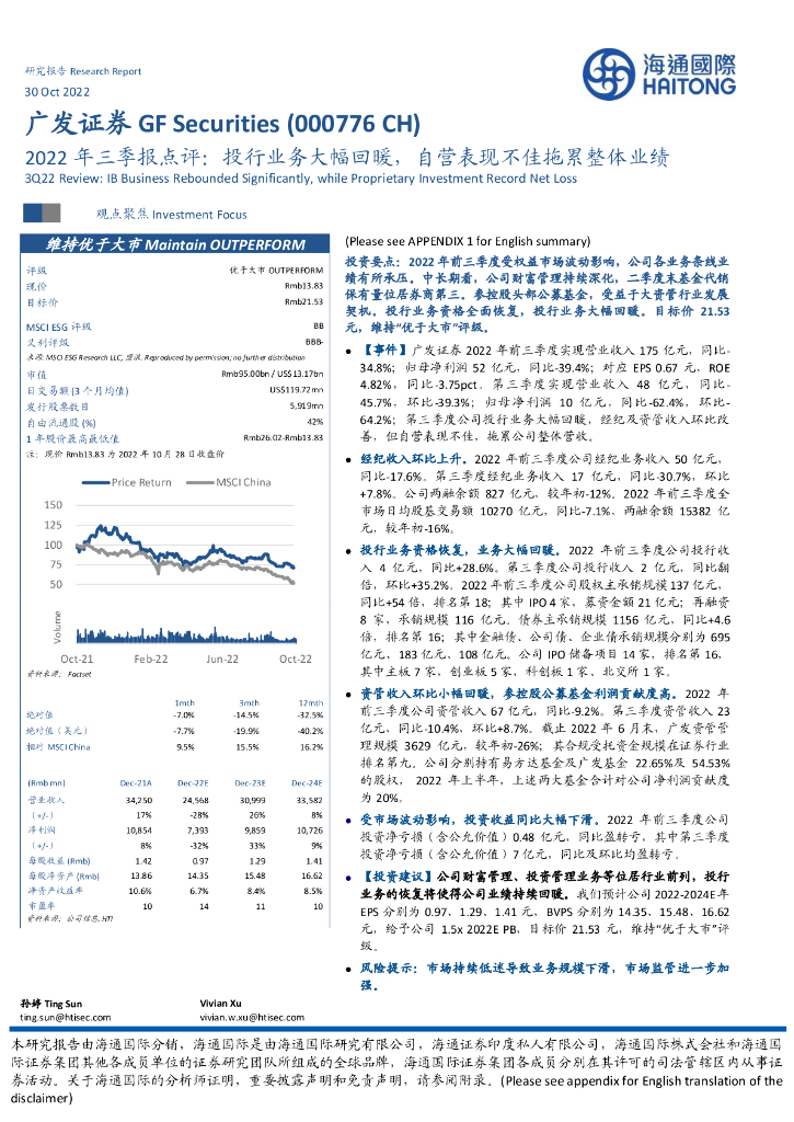 海通国际：广发证券（000776）-2022年三季报点评：投行业务大幅回暖，自营表现不佳拖累整体业绩
