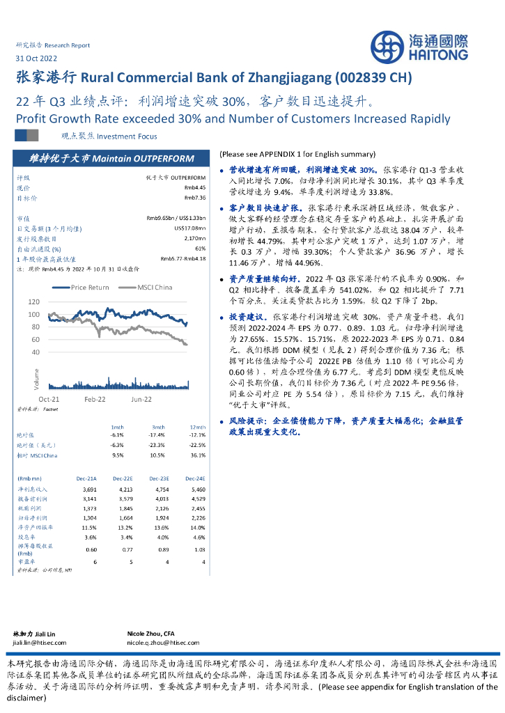 海通国际：张家港行（002839）-22年Q3业绩点评：利润增速突破30%，客户数目迅速提升。
