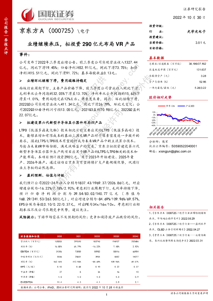 国联证券：京东方A（000725）-业绩继续承压，拟投资290亿元布局VR产品