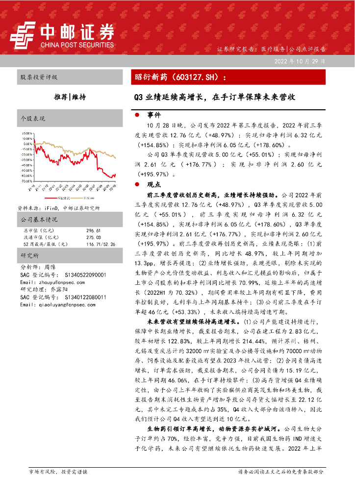 中邮证券：昭衍新药（603127）-Q3业绩延续高增长，在手订单保障未来营收