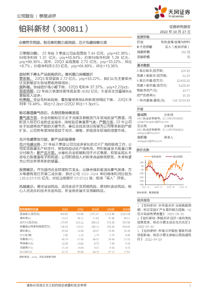 天风证券：铂科新材（300811）-业绩符合预期，粉芯盈利能力超预期，<em>芯片</em>电感持续出货 海报