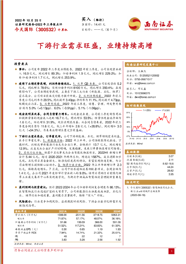 西南证券：今天国际（300532）-下游行业需求旺盛，业绩持续高增 海报