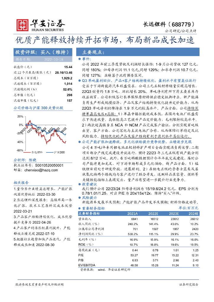 华安证券：长远锂科（688779）-优质产能释放持续开拓市场，布局新品成长加速 海报
