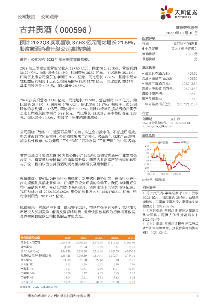 天风证券：古井贡酒（000596）-预计2022Q3实现营收37.63亿元同比增长21.58%，顺应徽酒消费升级公司高增持续 海报