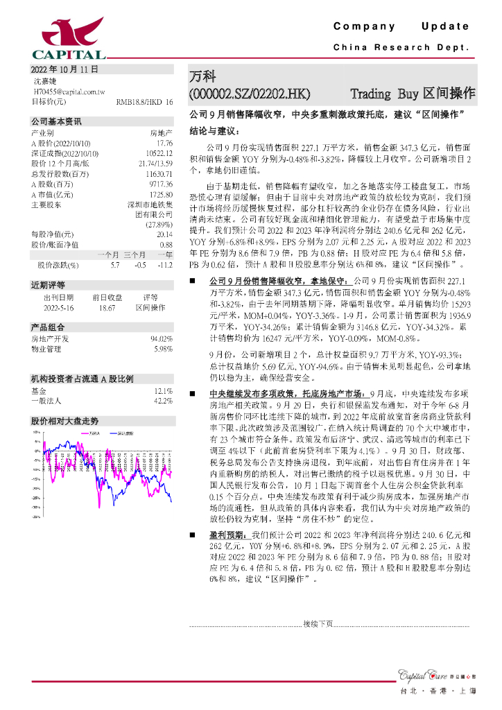 群益证券：万科A（000002）-公司9月销售降幅收窄，中央多重刺激政策托底，建议“区间操作”