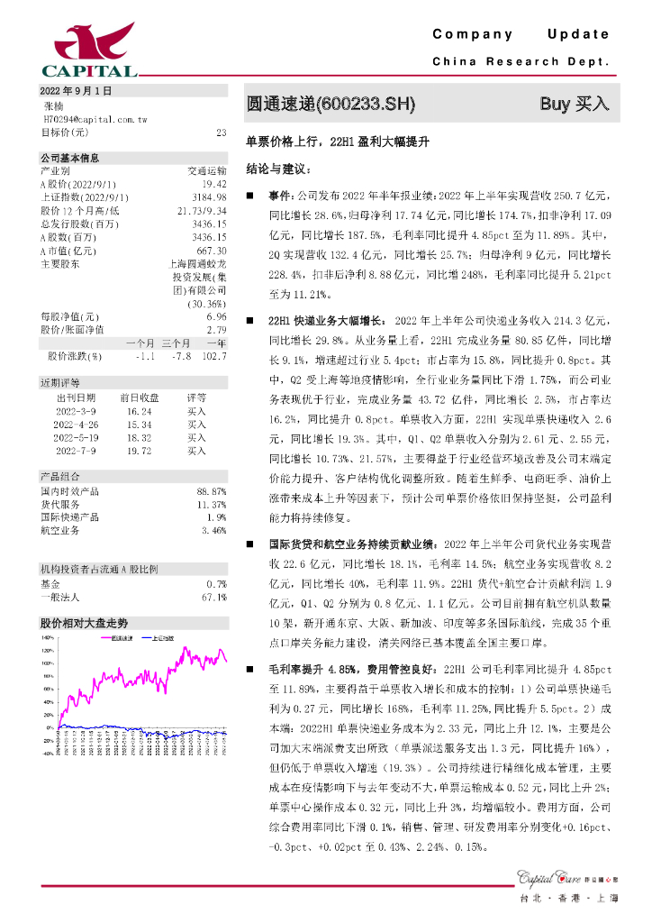 群益证券：圆通速递（600233）-单票价格上行，22H1盈利大幅提升 海报
