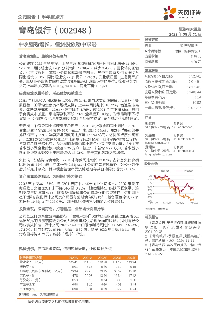 天风证券：青岛银行（002948）-中收强劲增长，信贷投放稳中求进