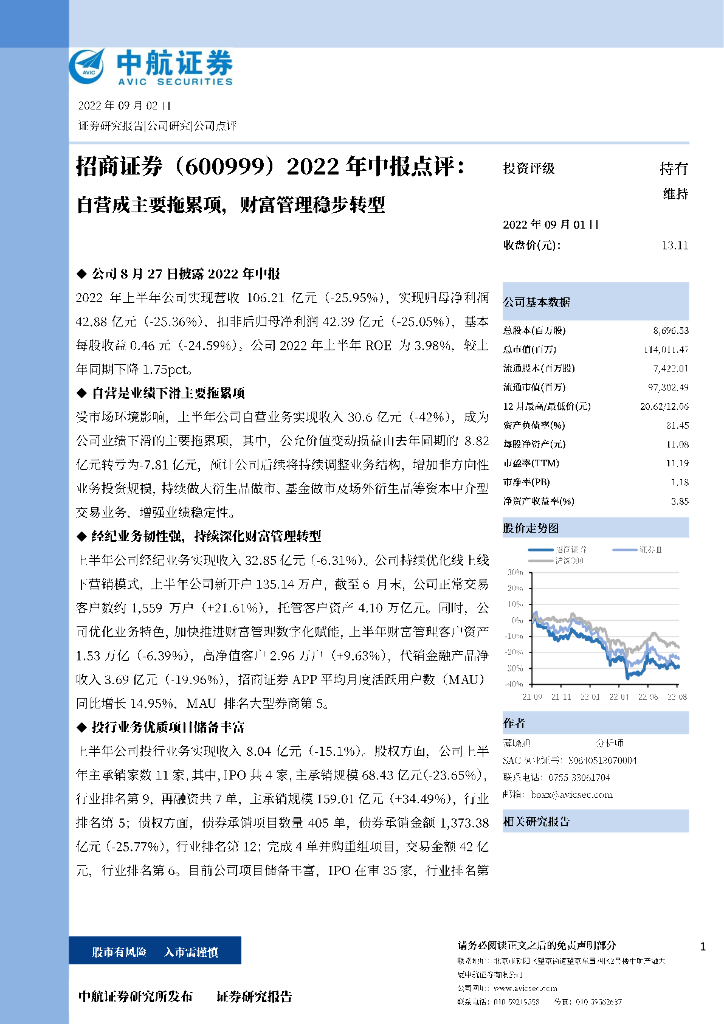 中航证券：招商证券（600999）-2022年中报点评：自营成主要拖累项，财富管理稳步<em>转型</em> 海报