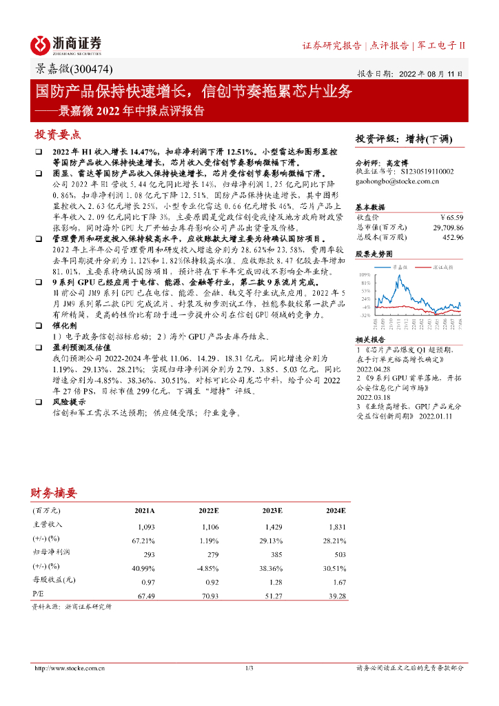 浙商证券：景嘉微2022年中报点评报告：国防产品保持快速增长，信创节奏拖累<em>芯片</em>业务 海报
