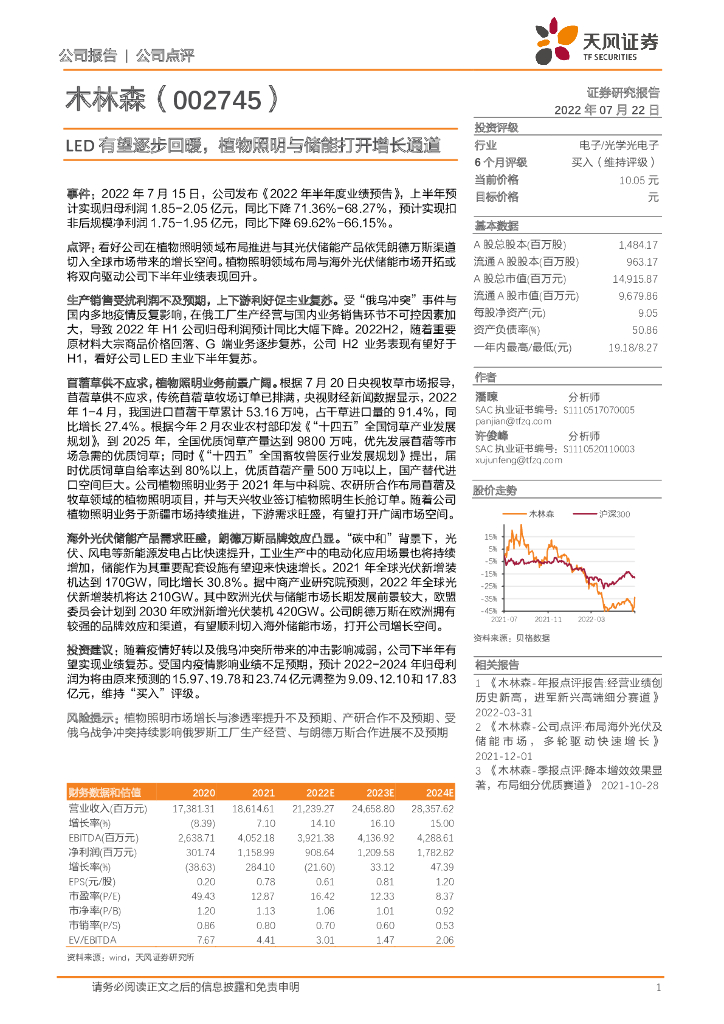 天风证券：木林森（002745）-LED有望逐步回暖，植物照明与储能打开增长通道 海报