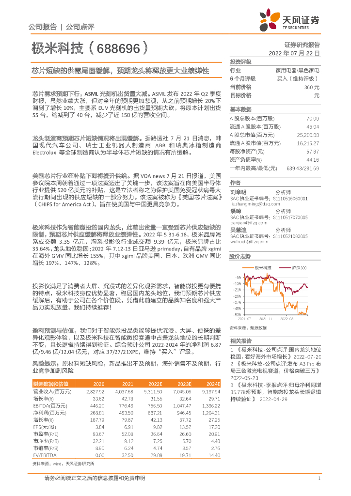 天风证券：极米科技（688696）-<em>芯片</em>短缺的供需局面缓解，预期龙头将释放更大业绩弹性 海报