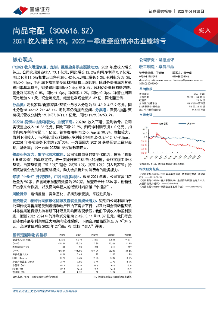 国信证券：尚品宅配（300616）-2021收入增长12%，2022一季度受疫情冲击业绩转亏 海报