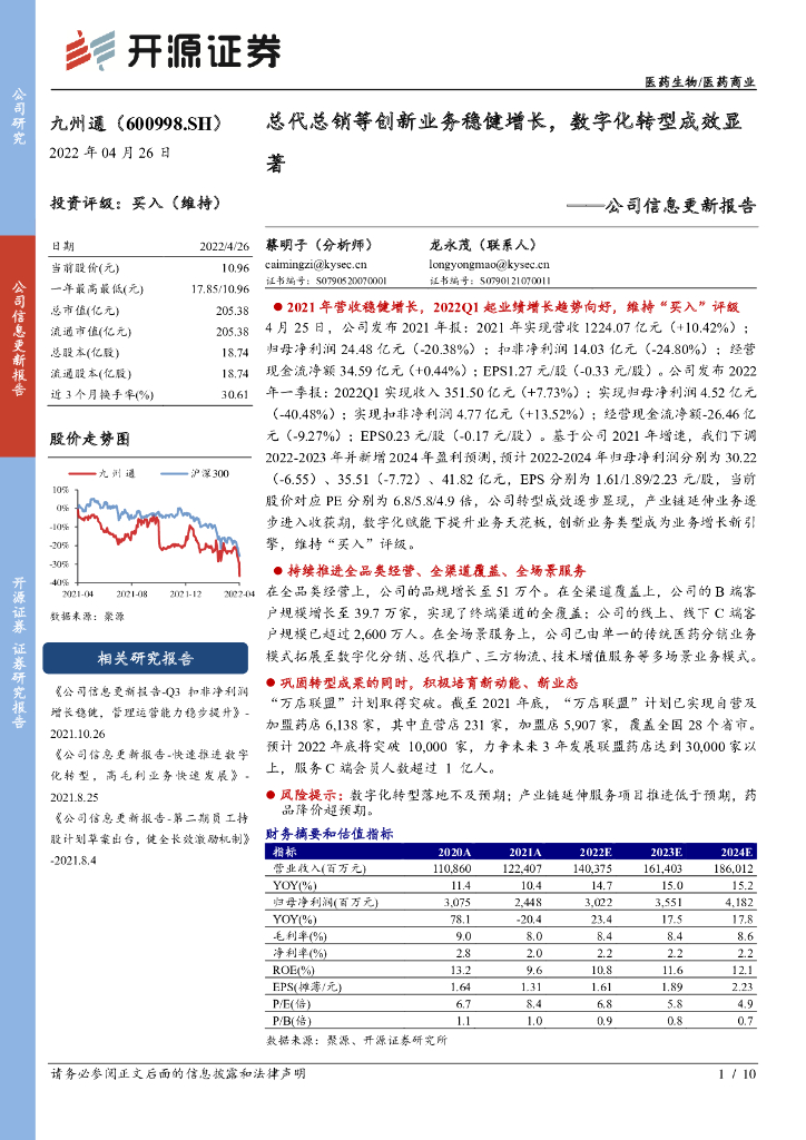 开源证券：九州通（600998）-公司信息更新报告：总代总销等创新业务稳健增长，<em>数字化转型</em>成效显著 海报
