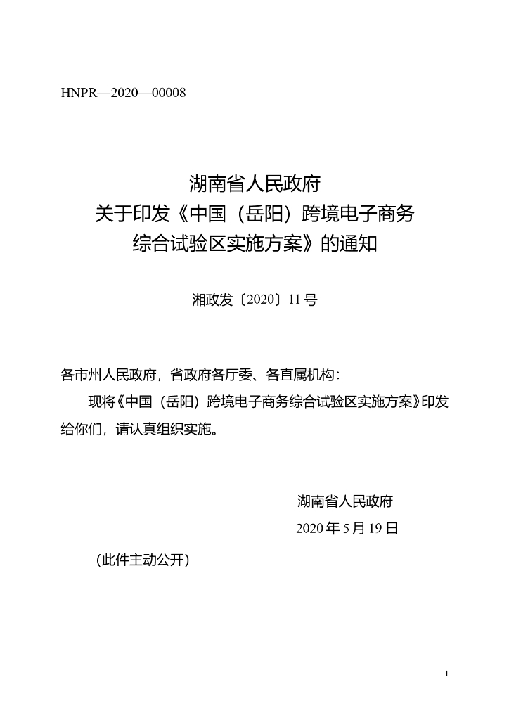 中国（岳阳）跨境电子商务综合试验区实施方案