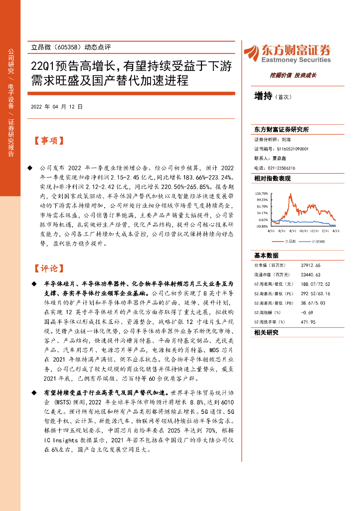 东方财富证券：立昂微（605358）-动态点评：22Q1预告高增长，有望持续受益于下游需求旺盛及国产替代加速进程 海报