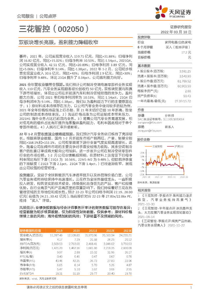 天风证券:三花智控(002050)-双板块增长亮眼,盈利能力降幅收窄