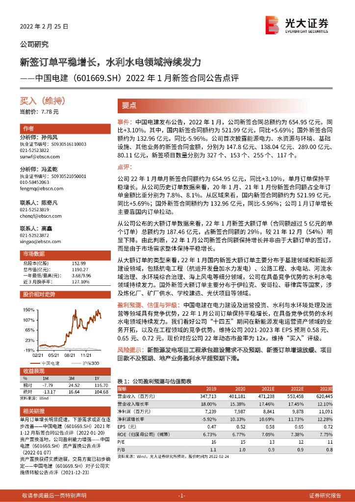 光大证券:中国电建(601669)-2022年1月新签合同公告点评:新签订单平稳增长,水利水电领域持续发力