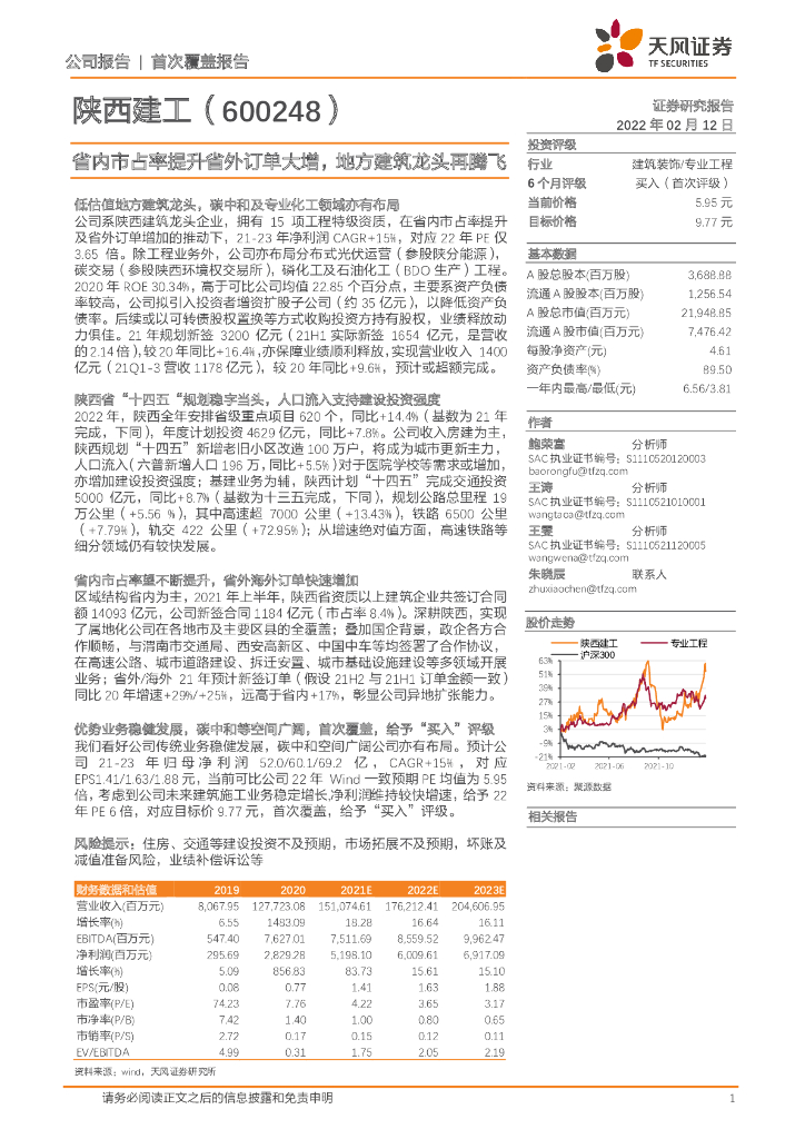 天风证券：陕西建工（600248）-省内市占率提升省外订单大增，地方建筑龙头再腾飞 海报