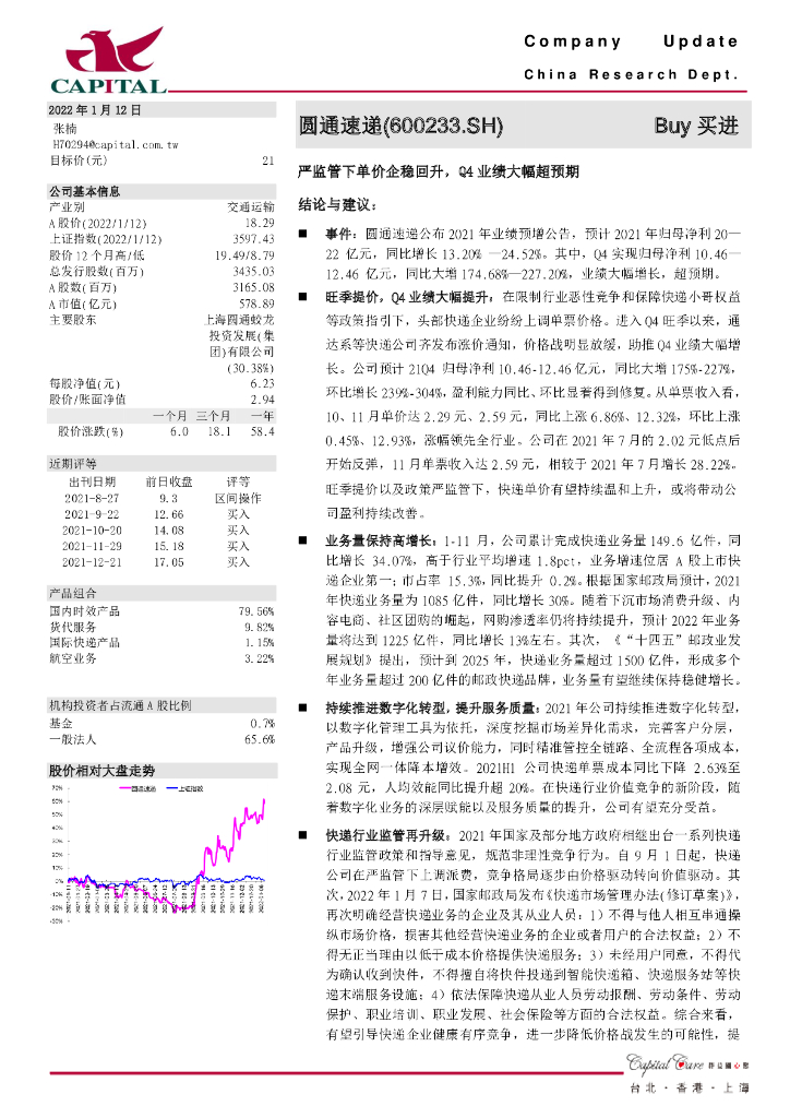 群益证券：圆通速递（600233）-严监管下单价企稳回升，Q4业绩大幅超预期 海报