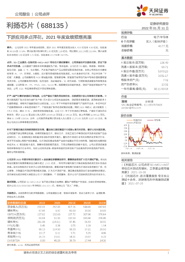 天风证券：利扬<em>芯片</em>（688135）-下游应用多点开花，2021年度业绩预增亮眼 海报