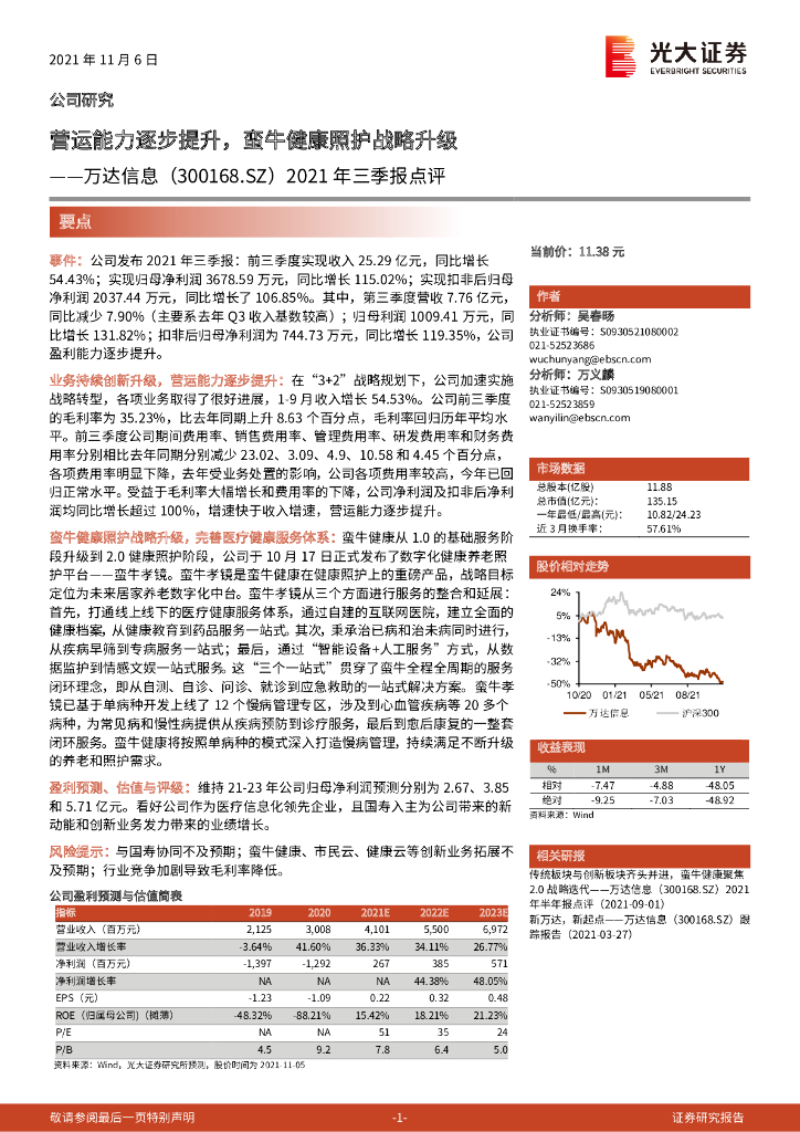 光大证券：万达信息（300168）-2021年三季报点评：营运能力逐步提升，蛮牛健康照护战略升级 海报