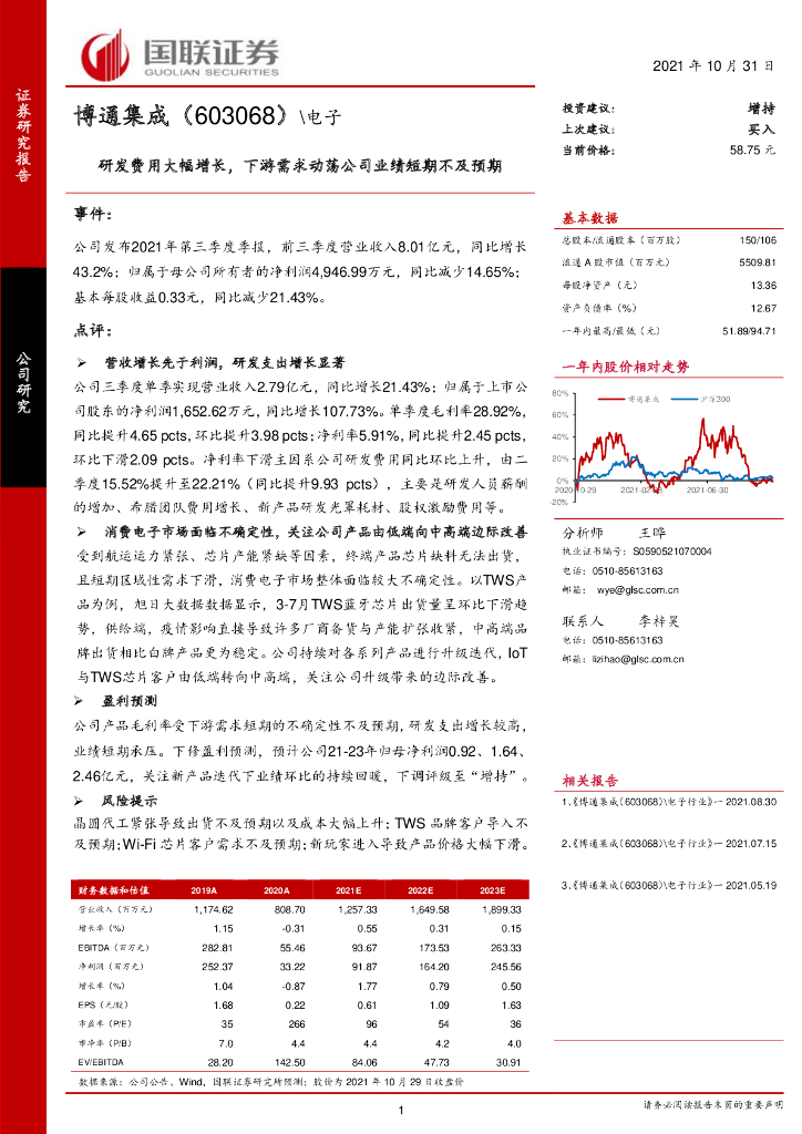 国联证券:博通集成(603068)-研发费用大幅增长,下游需求动荡公司业绩短期不及预期