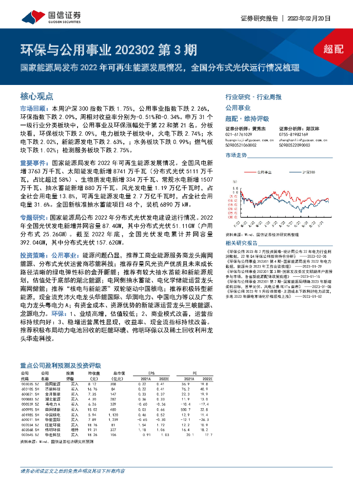 国信证券：环保与公用事业202302第3期：国家能源局发布2022年可再生能源发展情况，全国分布式光伏运行情况梳理