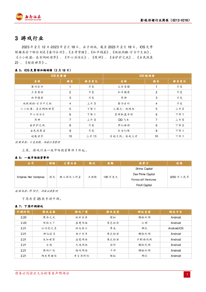 西南证券：影视传媒行业周报：《王者荣耀》蝉联全球手游畅销榜冠军，《逆水寒》手游推出首个游戏版ChatGPT_第10页
